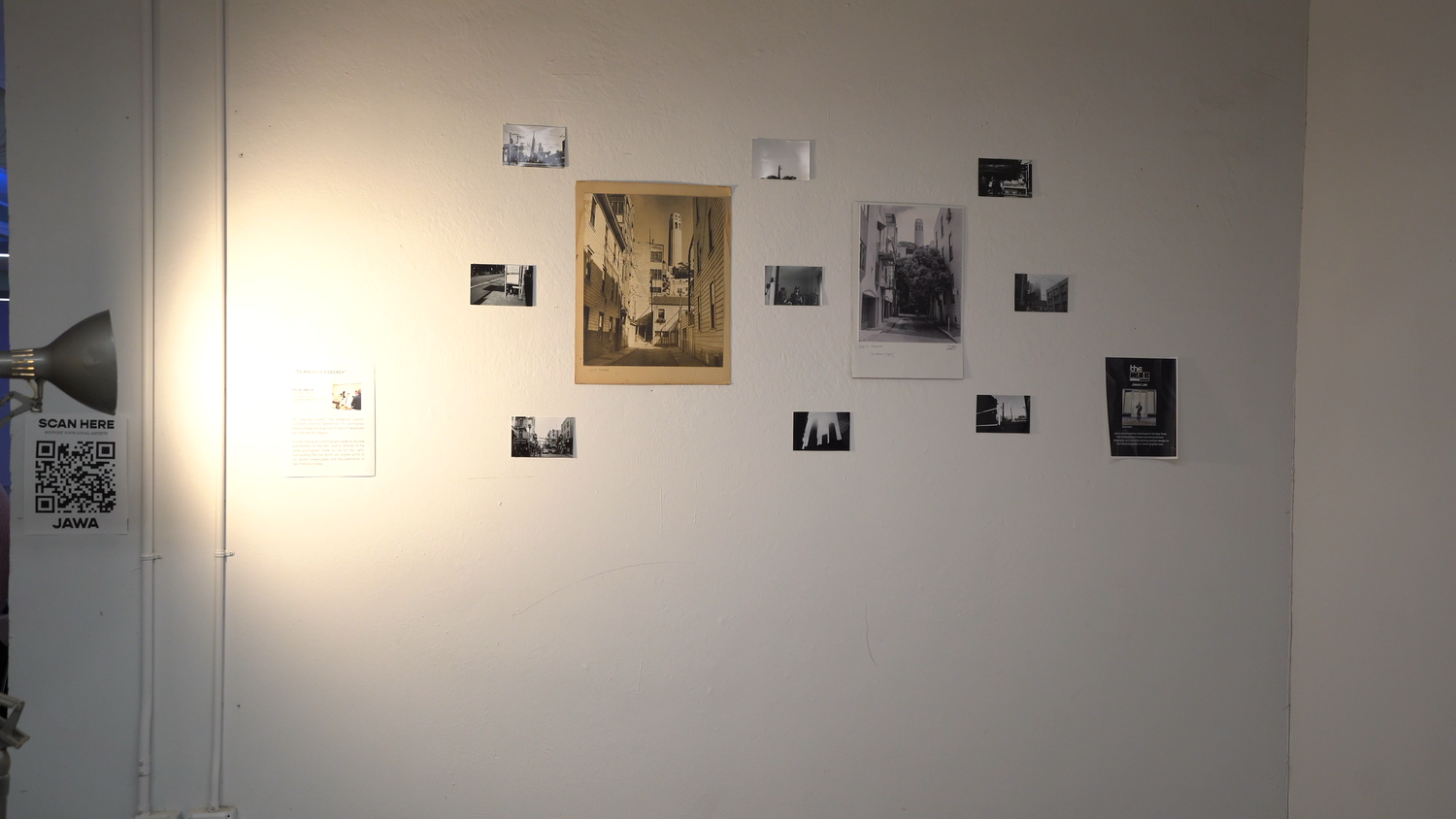 A collection of small photographic prints arranged on a wall.