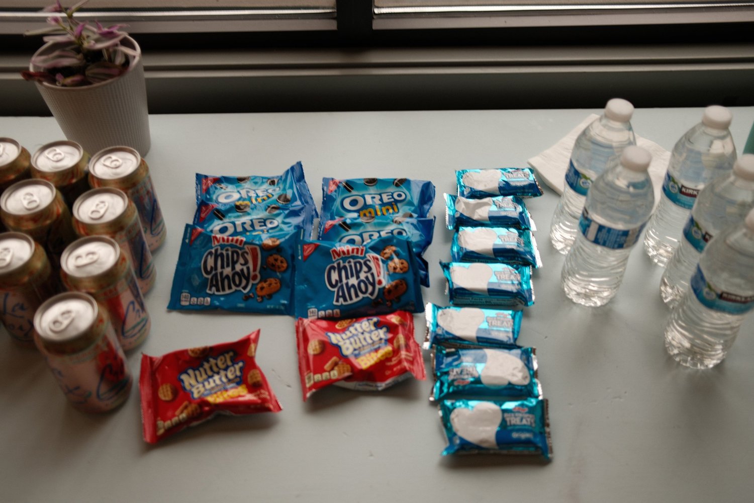 Cookies, snack bars, water, and other refreshments on a table.