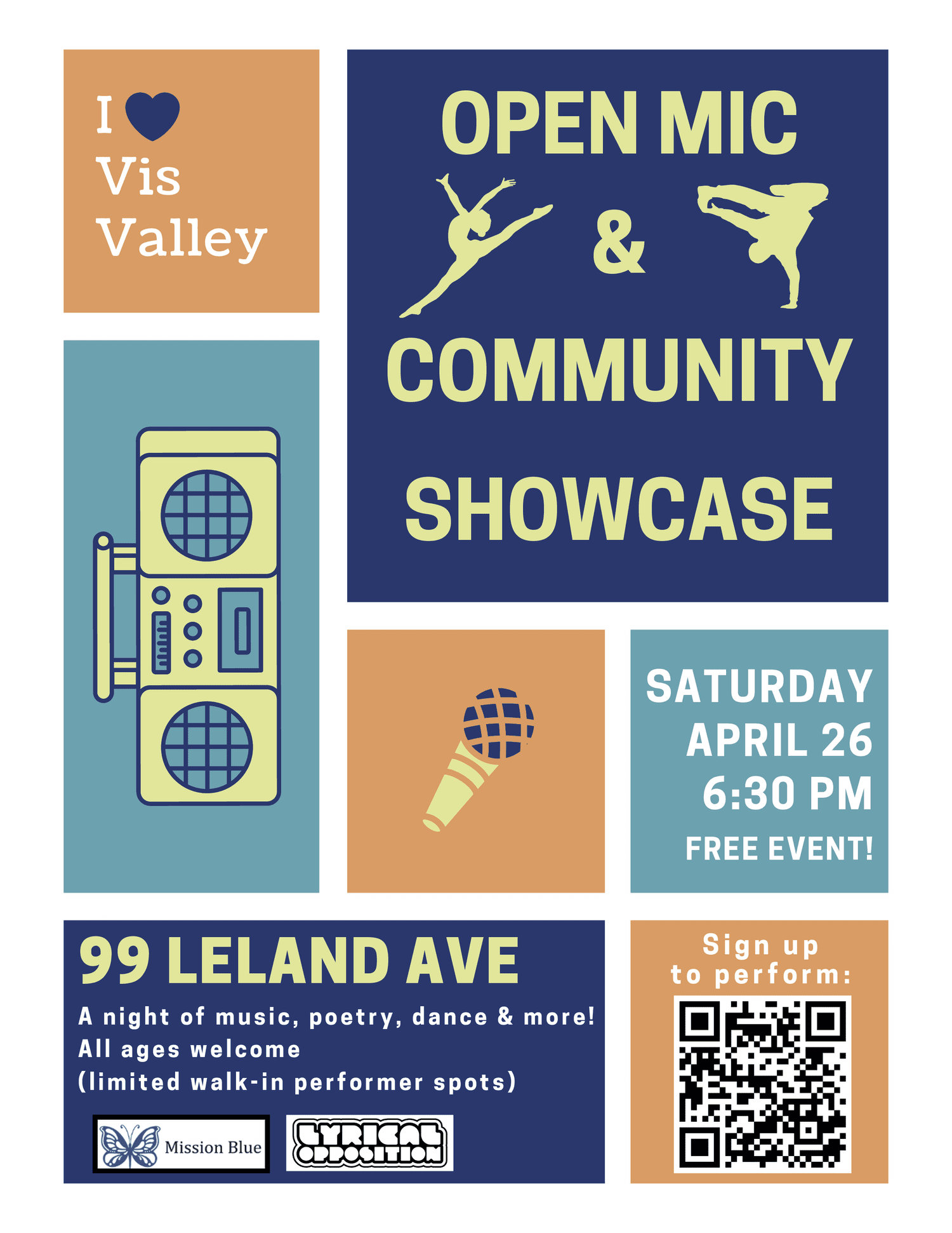 Visitacion Valley Open Mic & Community Showcase flyer for 99 Leland Avenue.