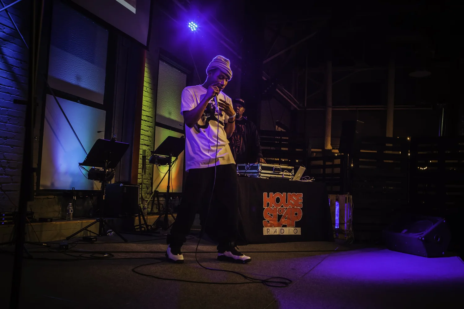 Performer singing into a microphone beside the DJ table.