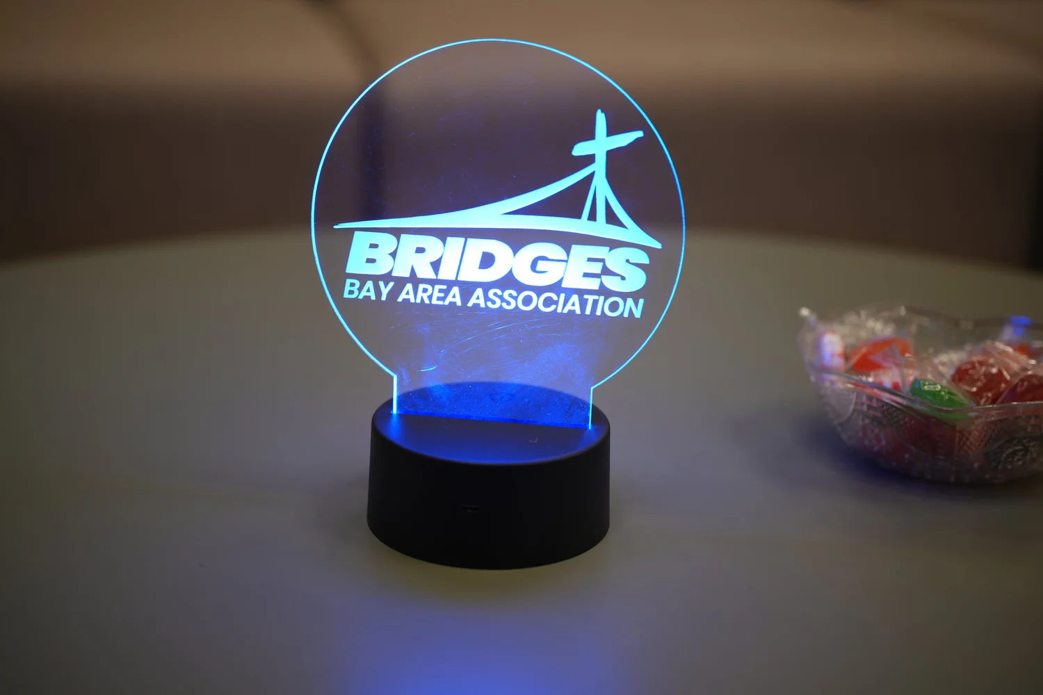 Illuminated Bridges Bay Area Association tabletop sign.