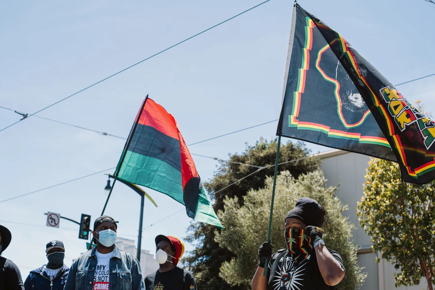 Large flags raised above masked rally participants.