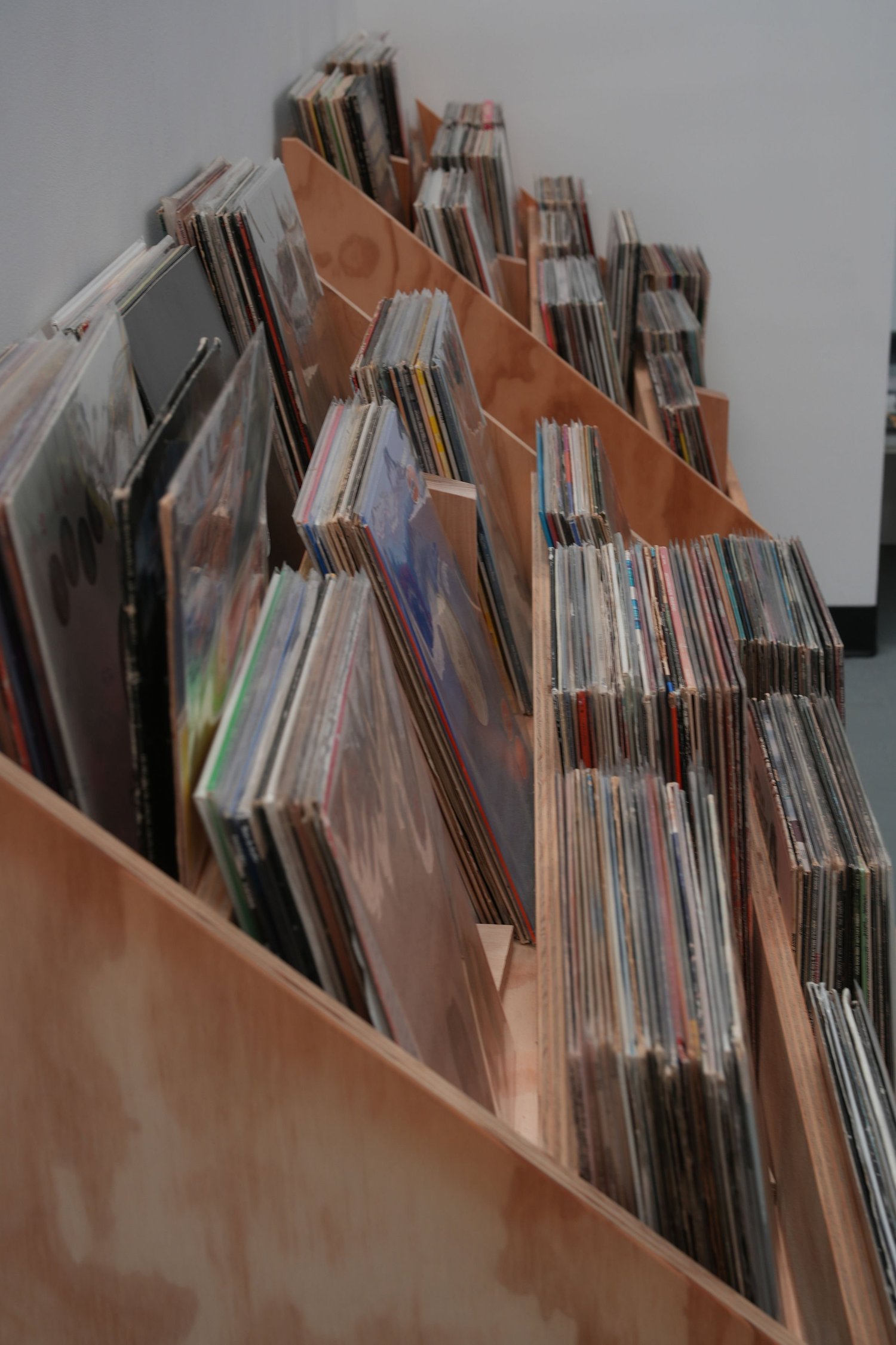 Vinyl records arranged upright in a wooden display.