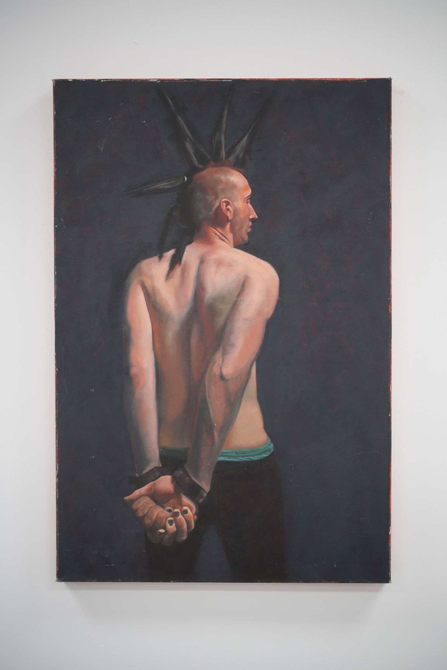 A figurative painting displayed on a dark canvas.