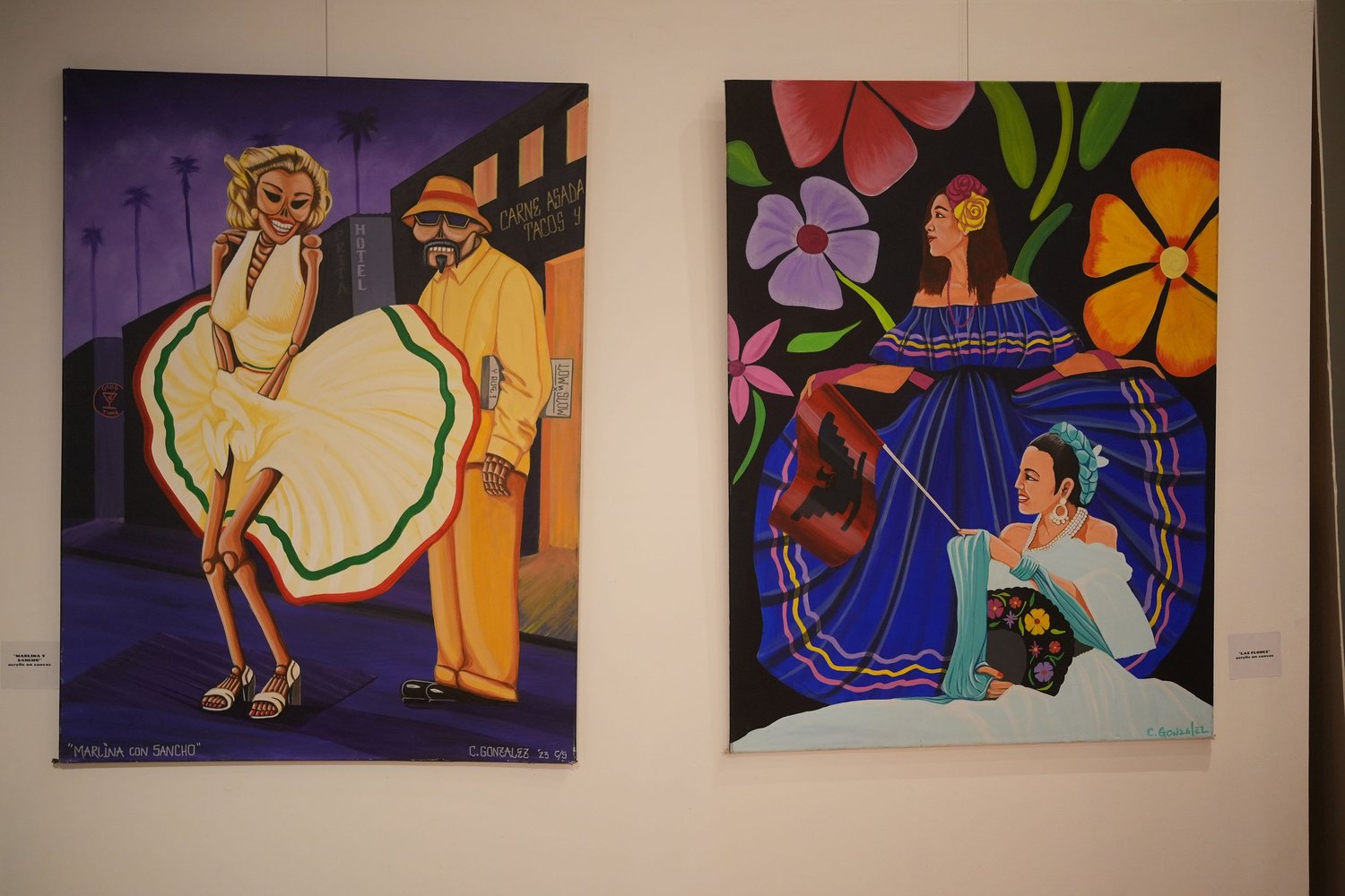 Two colorful figurative paintings displayed together.