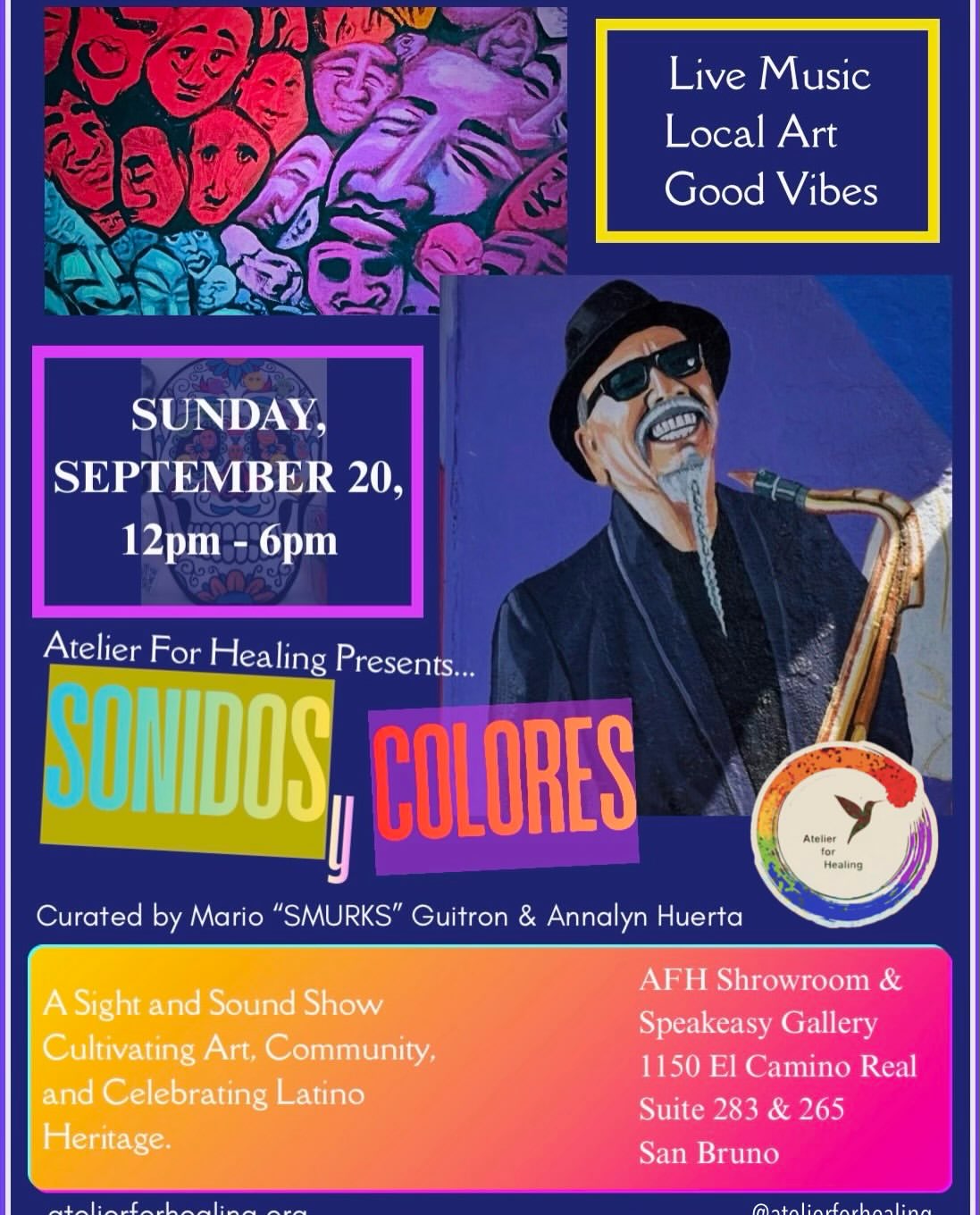 Sonidos y Colores flyer, a sight and sound show celebrating Latino heritage at the AFH Showroom and Speakeasy Gallery, San Bruno, September 20, 2026