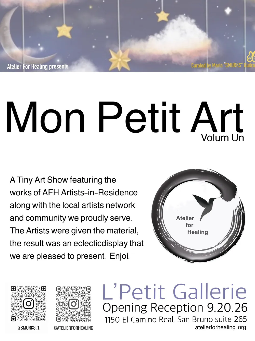 Mon Petit Art, Volum Un flyer, a tiny art show at L'Petit Gallerie in San Bruno, opening reception September 20, 2026