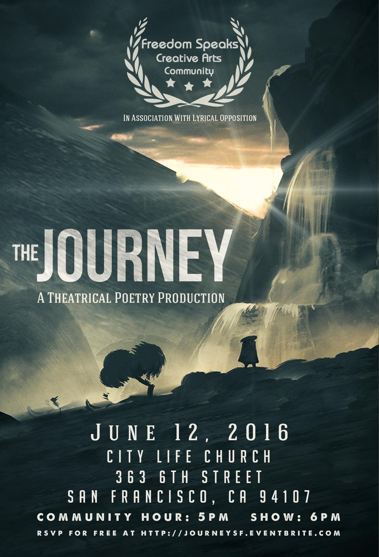 Flyer for The Journey: A Theatrical Poetry Production by Freedom Speaks Creative Arts Community in association with Lyrical Opposition, showing a lone figure on a hillside beneath waterfalls, with the June 12, 2016 date and the City Life Church address.
