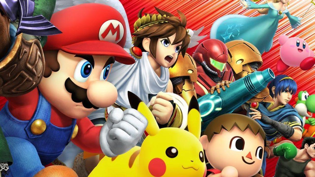 Banner of Super Smash Bros. video game characters, including Mario, Pikachu, Kirby, and Samus.