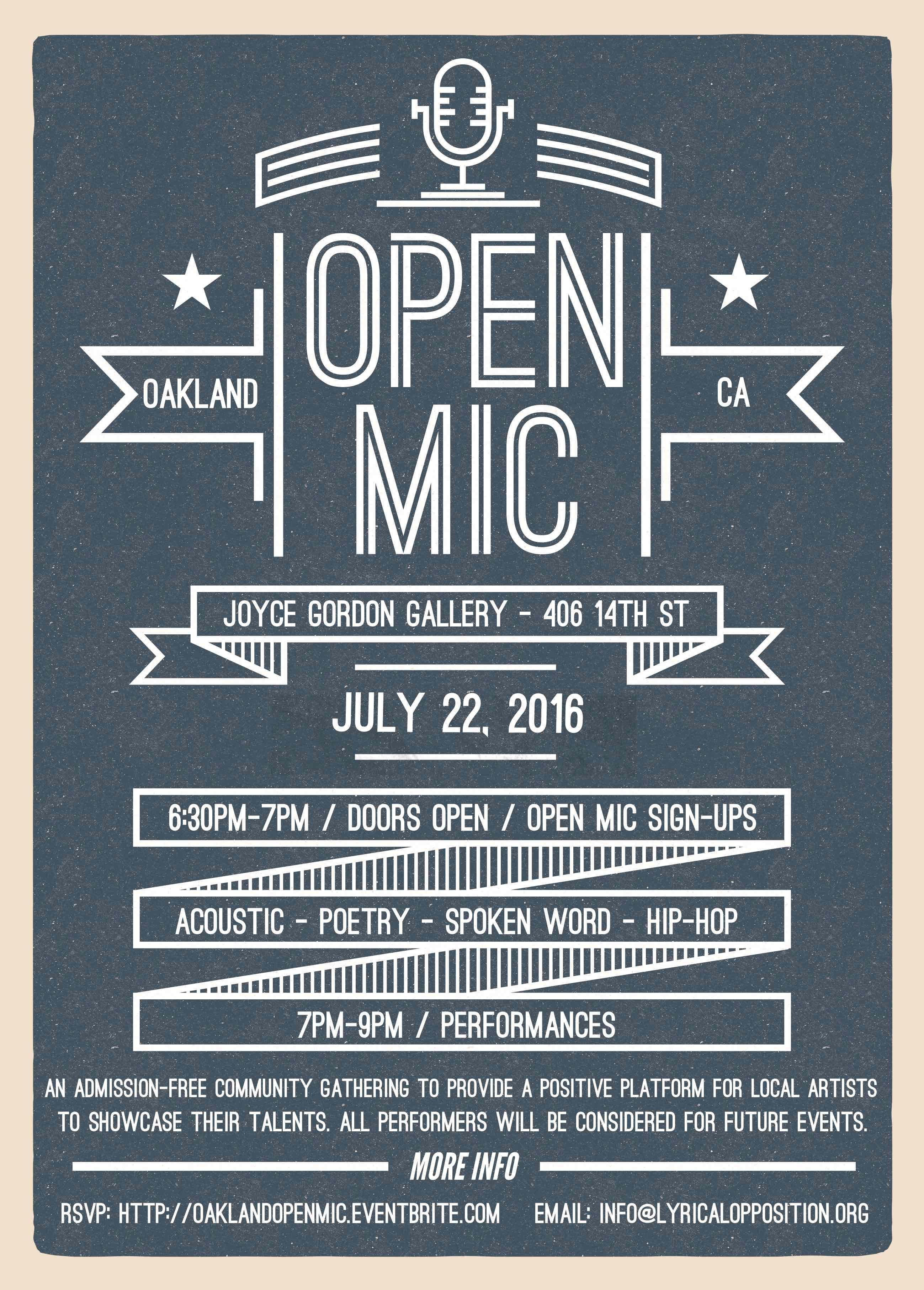 Open mic flyer for Joyce Gordon Gallery, 406 14th St, Oakland, CA, July 22, 2016, with a microphone graphic and the doors, sign-up, and performance times.