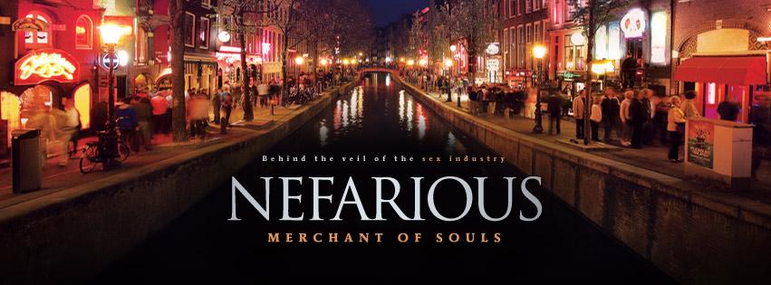Nefarious: Merchant of Souls film banner showing a canal street at night lined with people and red neon lights.