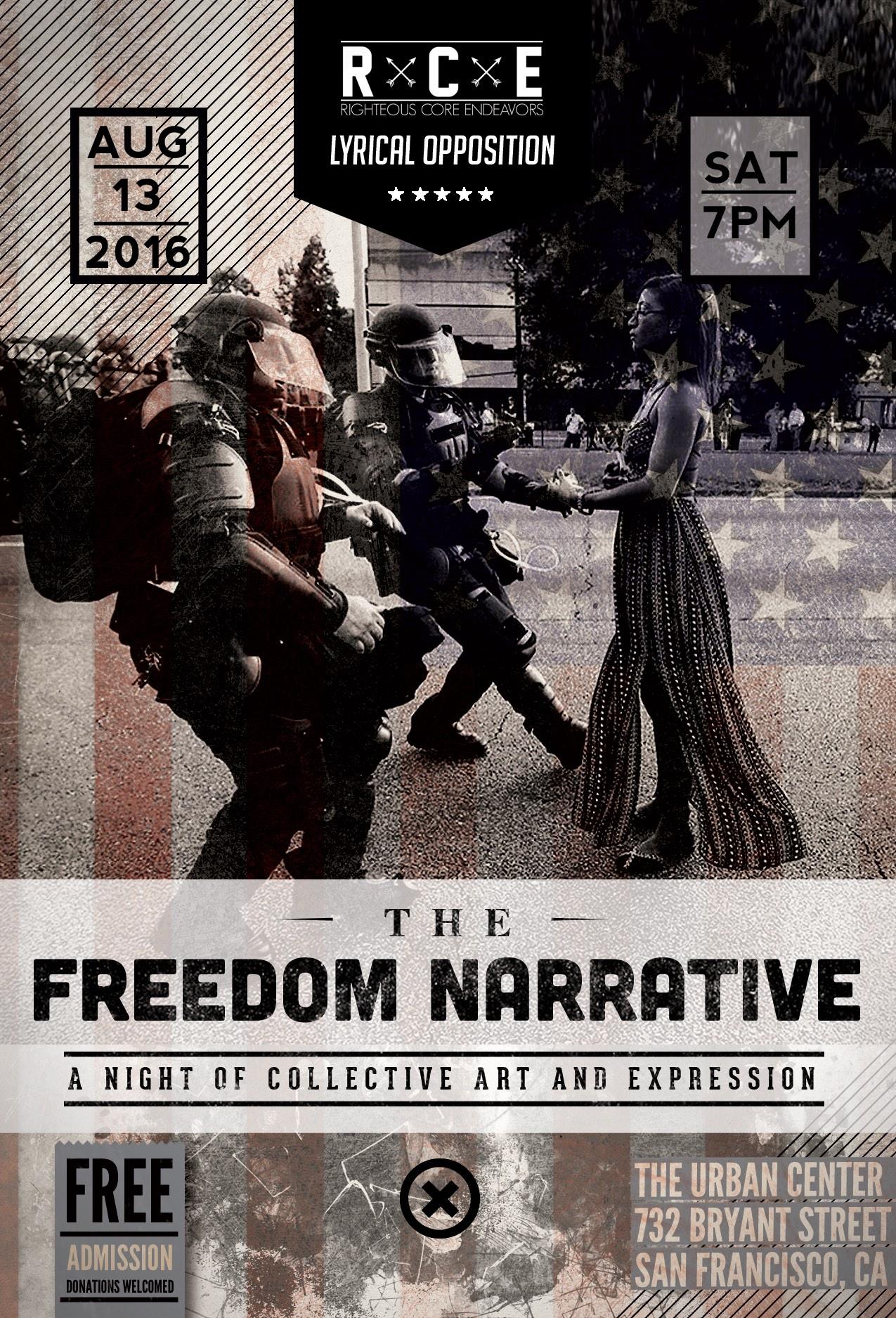 Flyer for The Freedom Narrative: A Night of Collective Art and Expression, showing a woman standing before two officers in riot gear, with the date Aug 13, 2016, 7 PM, The Urban Center address, and free admission.