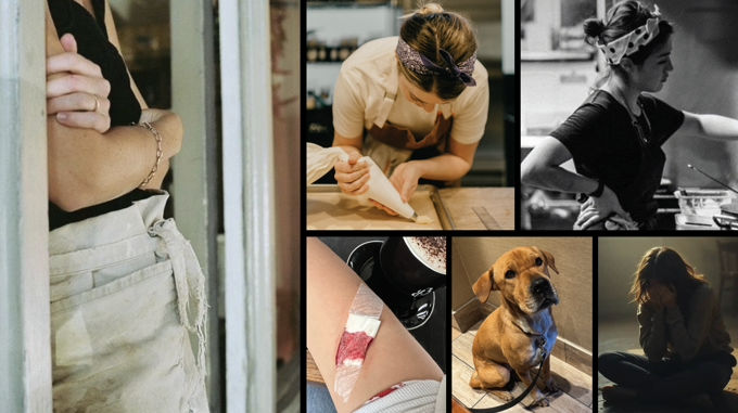 Collage of a baker at work and everyday moments.
