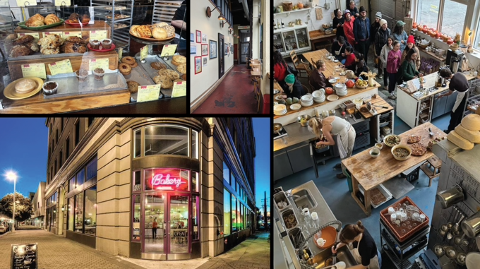 Collage of a cafe interior, bakery counter, and storefront.