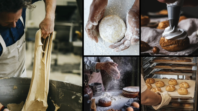 Collage of hands rolling dough, shaping bread, and baking pastries.