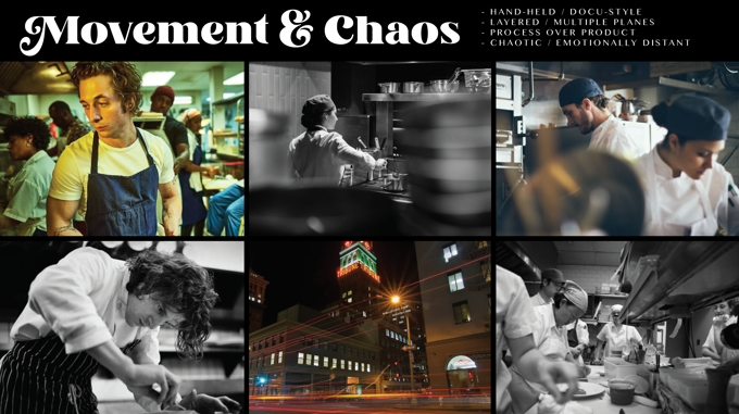 Movement & Chaos: visual references of busy kitchens, working hands, and city scenes.