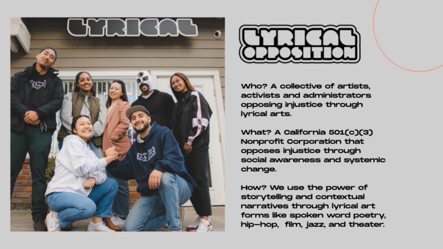 Archival Lyrical Opposition graphic combining a group portrait outside the Lyrical space with the organization’s historical introduction.