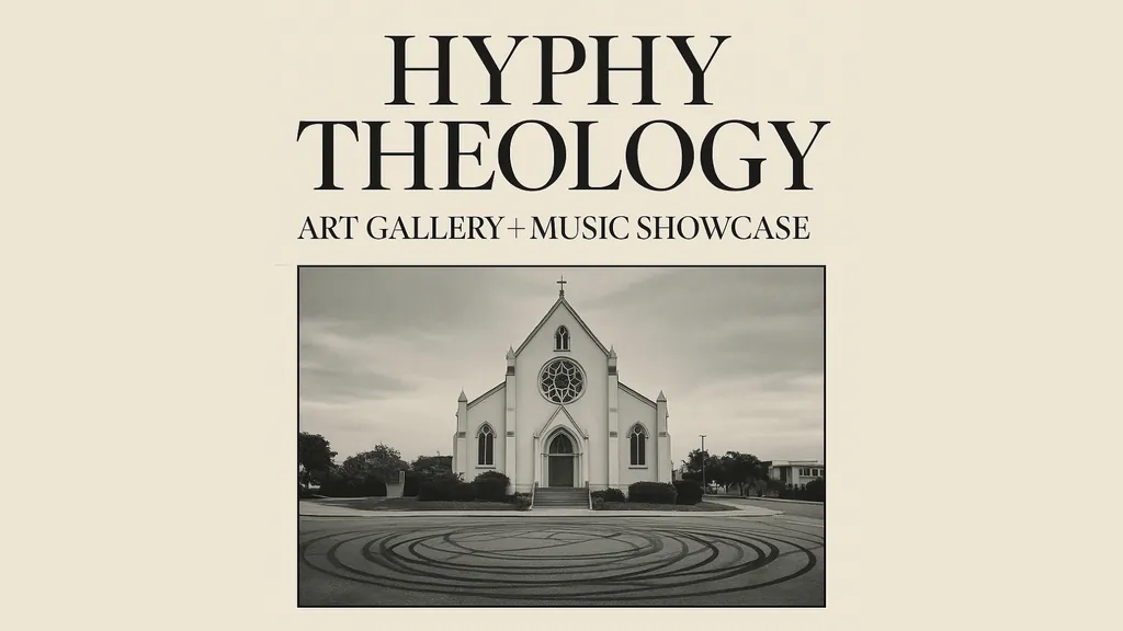 Hyphy Theology art gallery and music showcase artwork, featuring a church above a circular pattern.