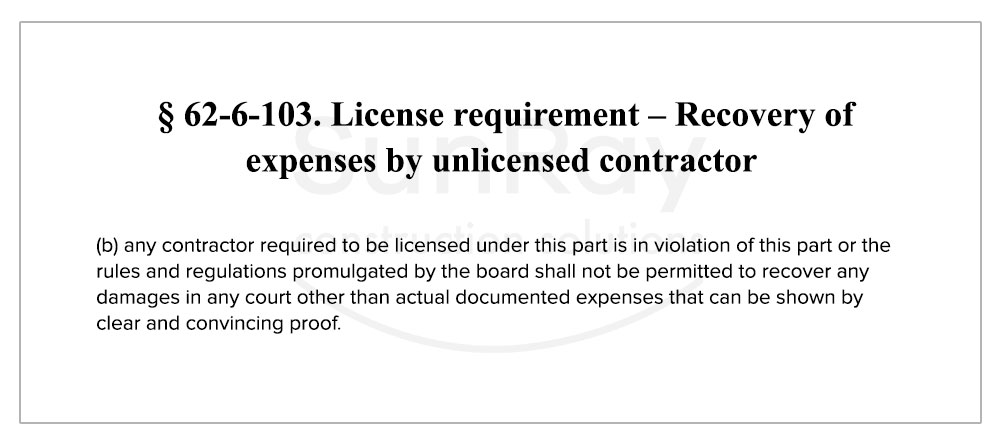 § 62-6-103. License requirement – Recovery of expenses by unlicensed contractor