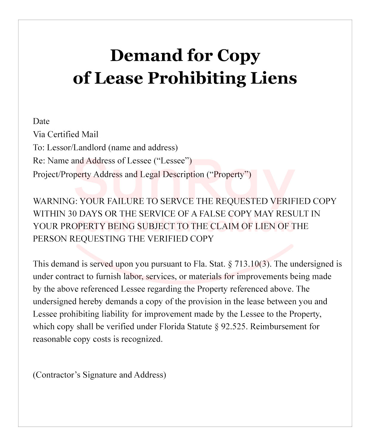 Demand for Copy of Lease Prohibiting Liens