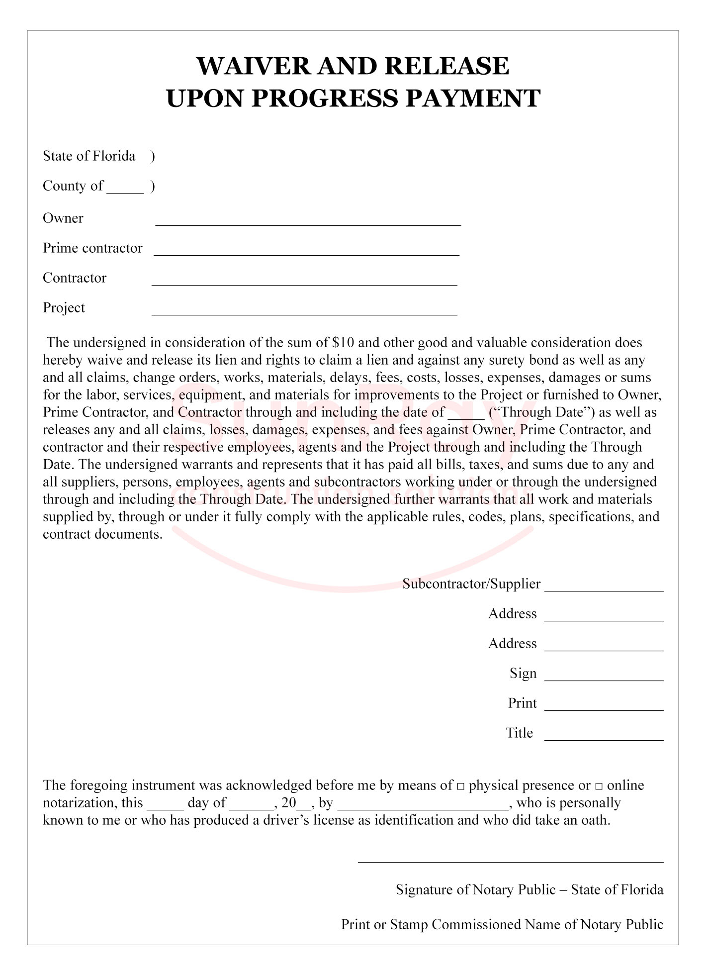 waiver and release upon progress payment