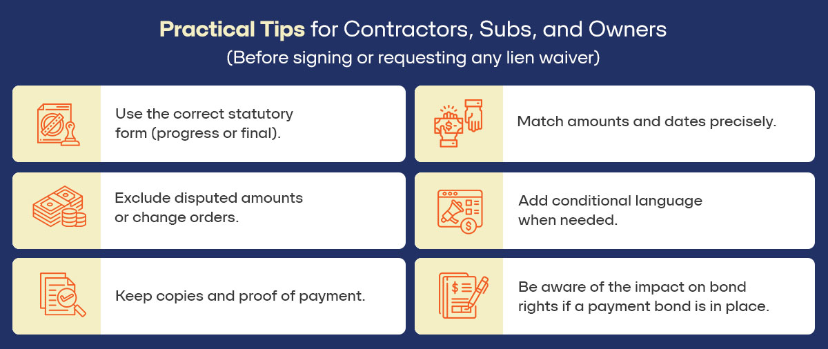 Graphic - Practical Tips for Contractors, Subs, and Owners – Mention Below Points 