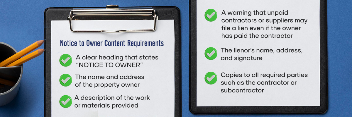 Graphic - Notice to Owner Content Requirements – Mention below points 