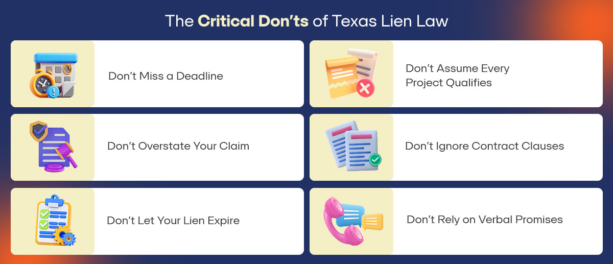 Graphic - The Critical Don’ts of Texas Lien Law – Mention Below Points 