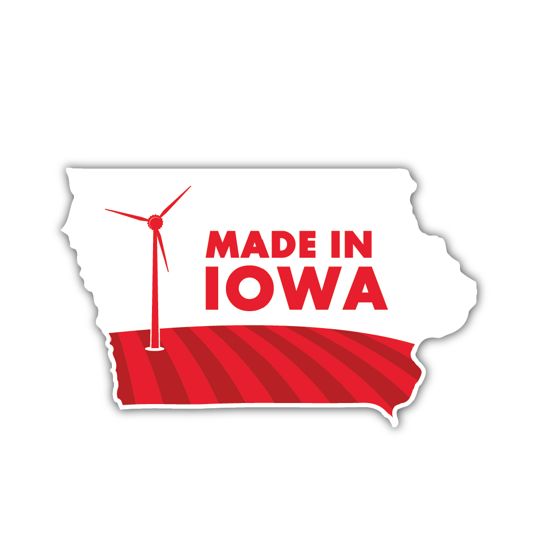 Outline of Iowa with a windmill and text saying "Made In Iowa"
