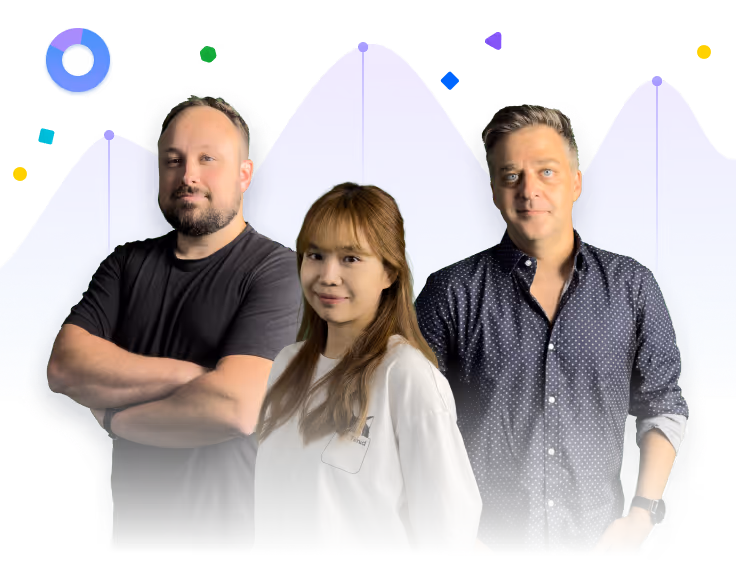 Three people standing in front of a graphic with blue and purple wave shapes and colorful squares, two men and one woman.