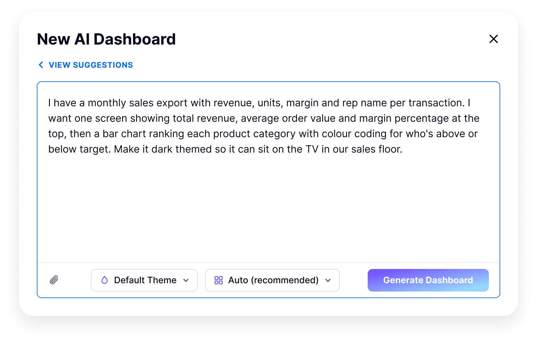 The New AI Dashboard panel with a written description of the dashboard wanted