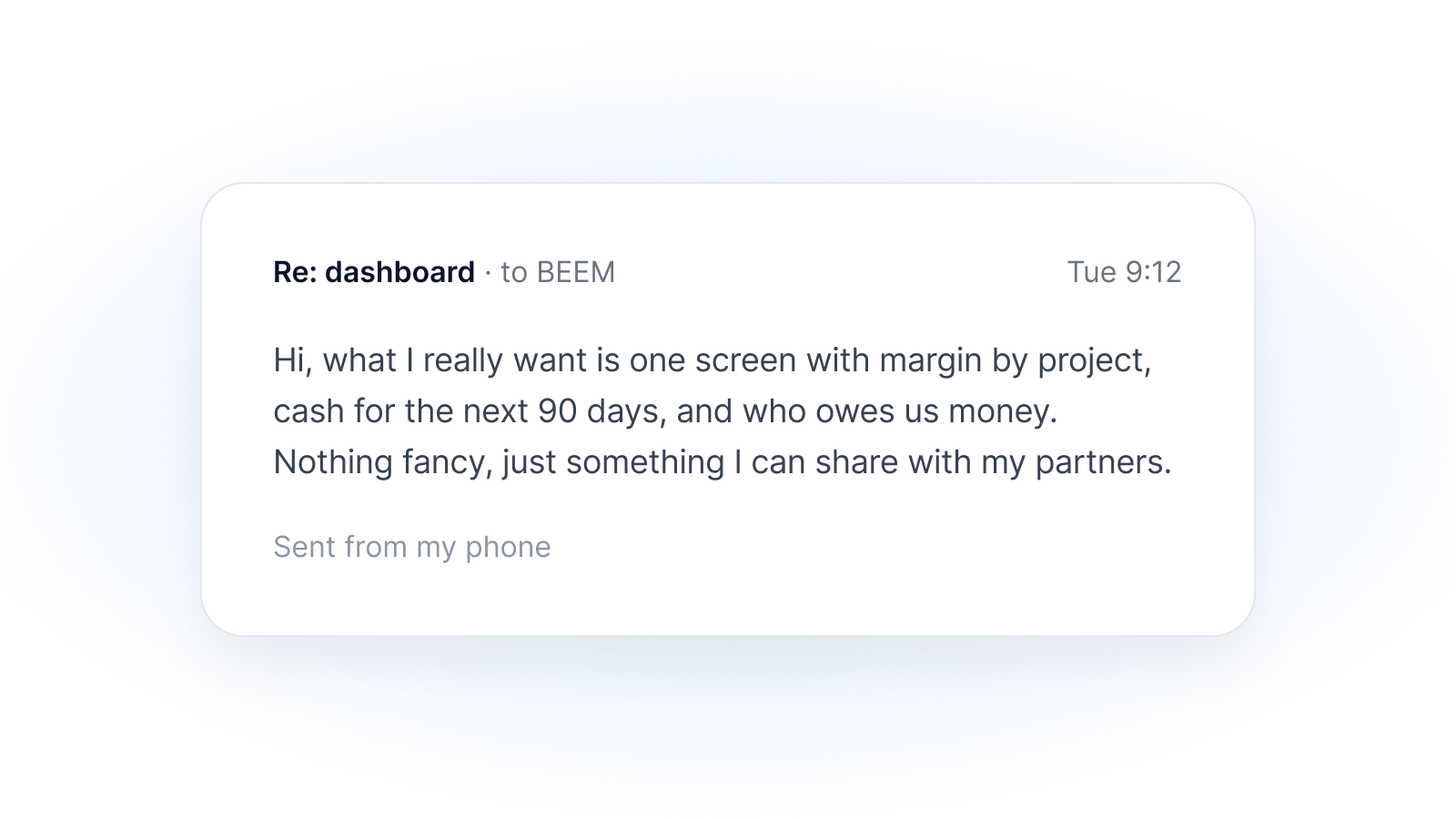 A short email describing the dashboard someone wants