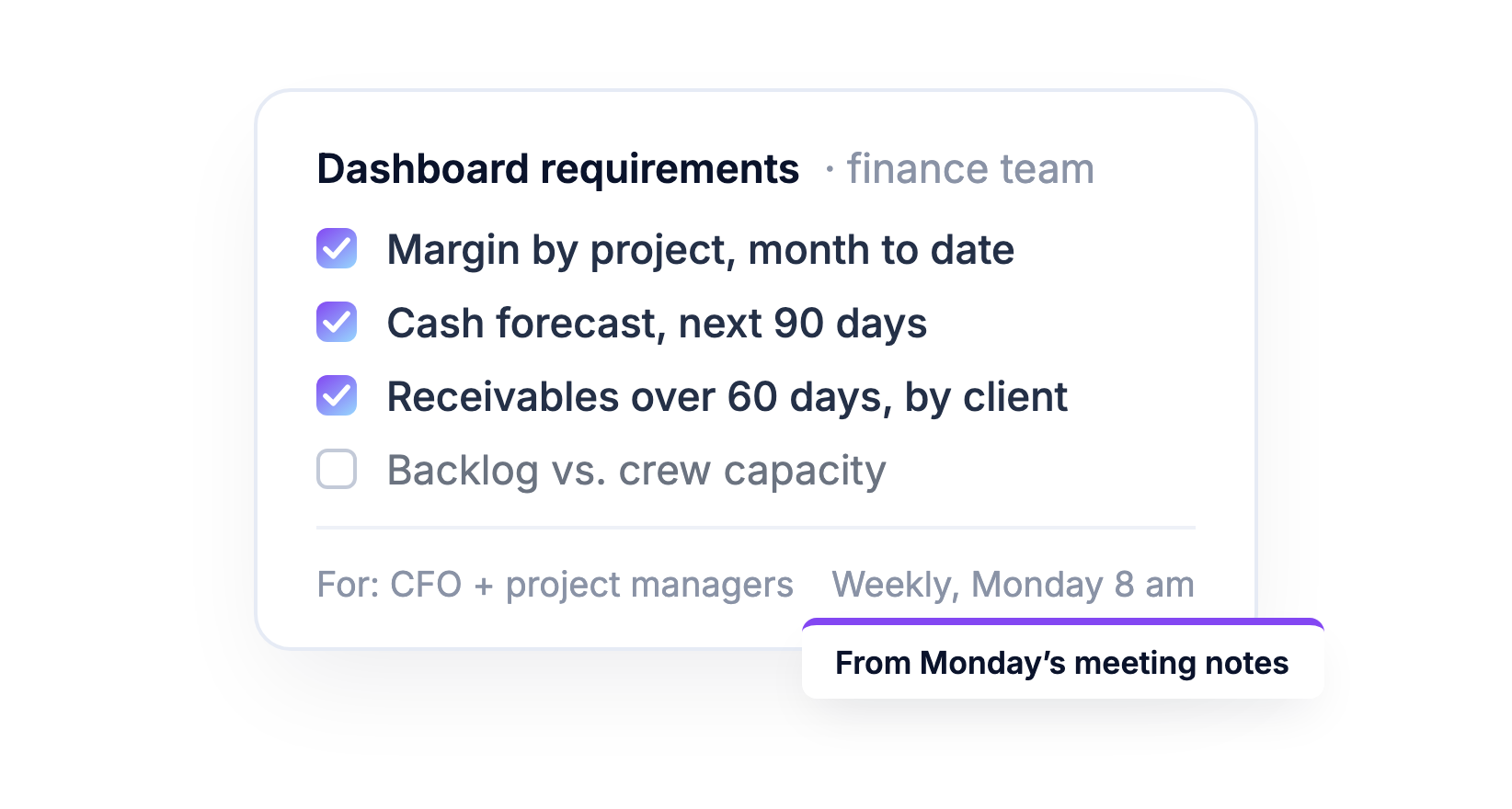 A short dashboard requirements checklist from a finance team: margin by project, cash forecast, receivables, backlog.