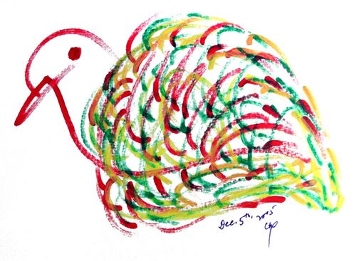 Abstract multicolored painting of a bird with a red head and curved body in green, yellow, and orange strokes on a white background.