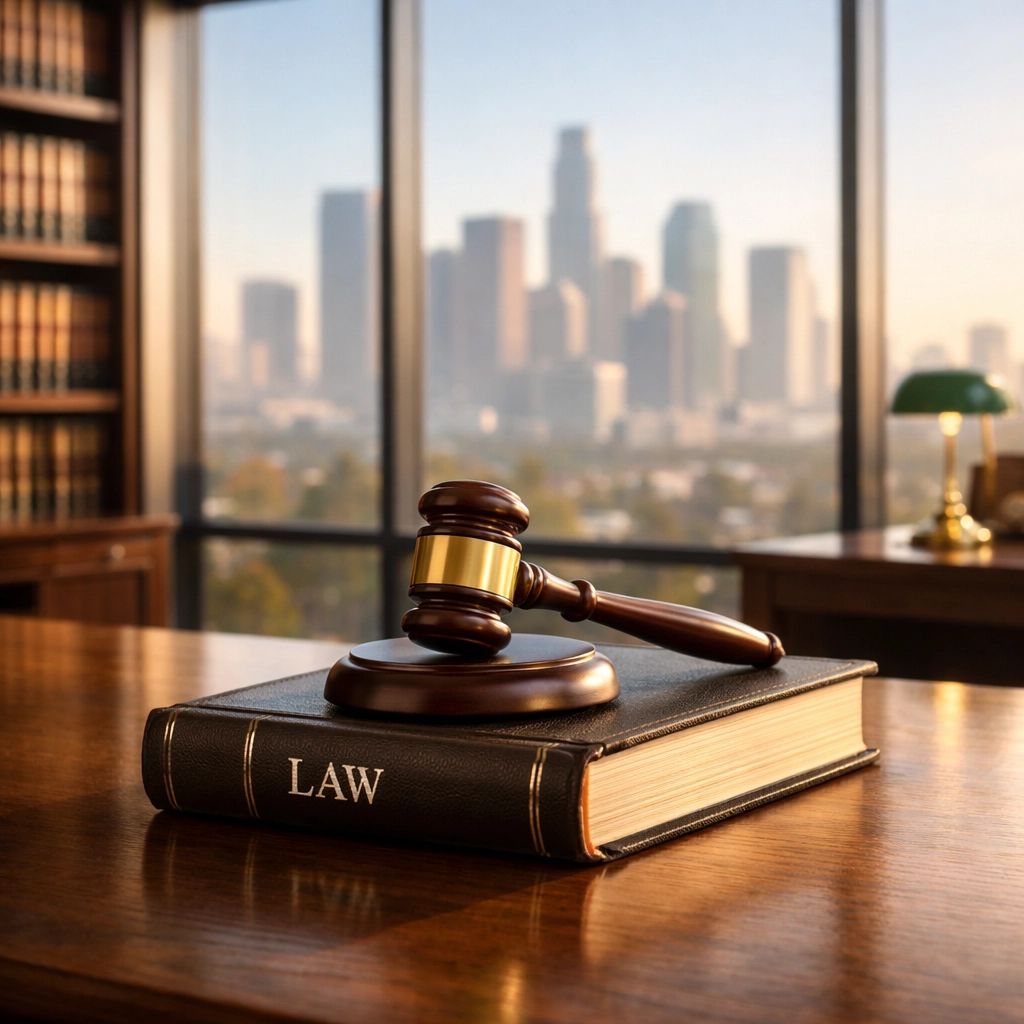 A wooden gavel resting on a law book inside a Los Angeles attorney's office,  with the city skyline visible through the window — symbolizing the need for  certified interpreting services in Los Angeles legal proceedings.