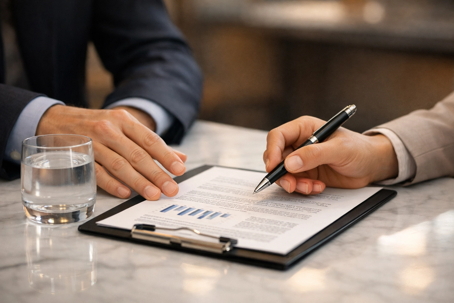 Two professionals reviewing a legal document on a clipboard during a  consultation in Los Angeles, highlighting the critical role of certified  interpreting services in Los Angeles for accurate multilingual legal  document review and client communication.
