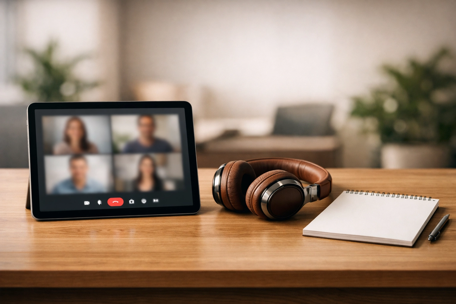 A tablet displaying a multilingual video conference call with four participants,  alongside professional headphones and a notepad on a desk — representing remote  certified interpreting services in Los Angeles for virtual legal consultations  and multilingual business meetings.