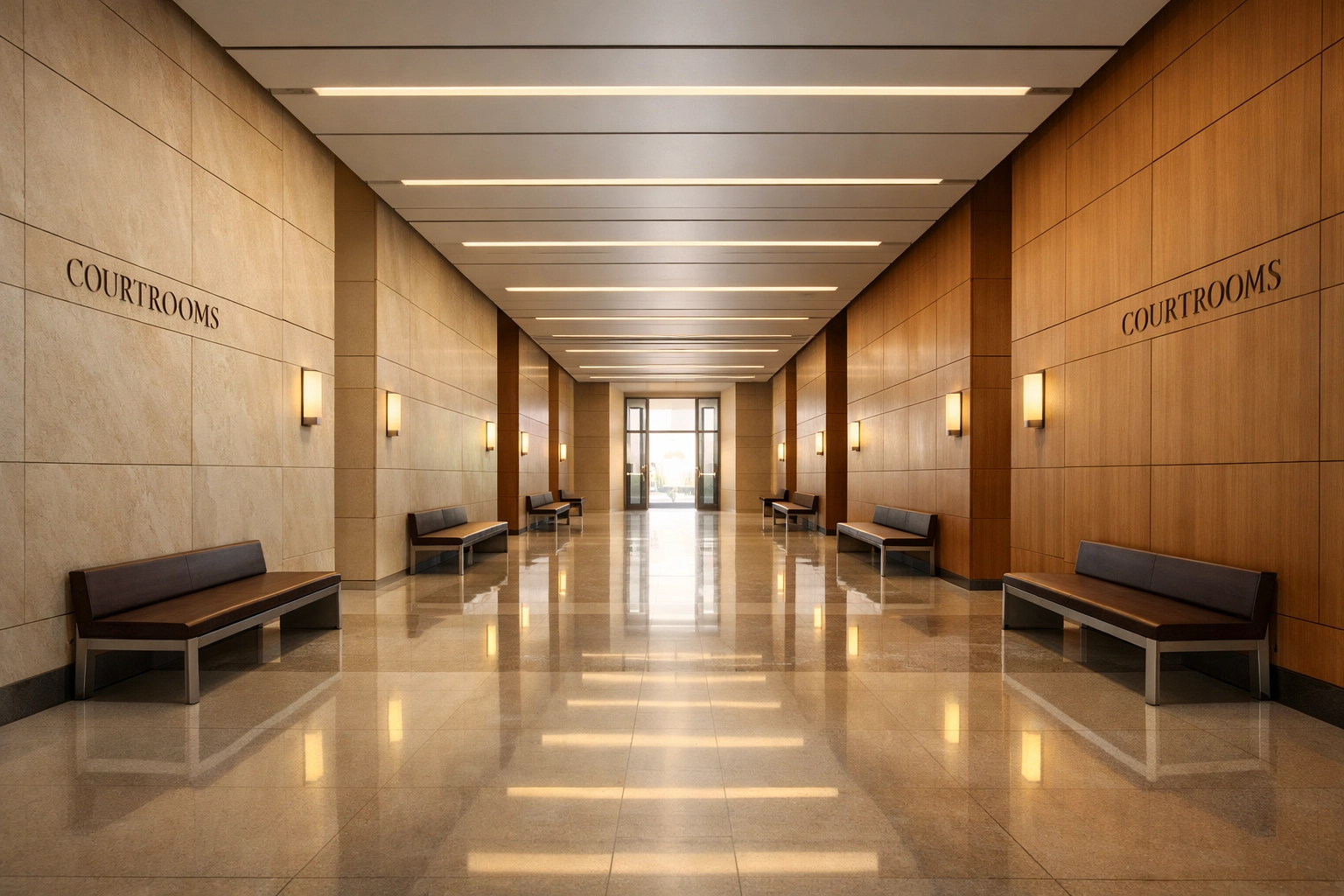 A formal Los Angeles courthouse hallway with courtroom signage lining both  walls — illustrating the high-stakes legal environments where certified  interpreting services in Los Angeles are essential for ensuring accurate  communication and due process compliance.