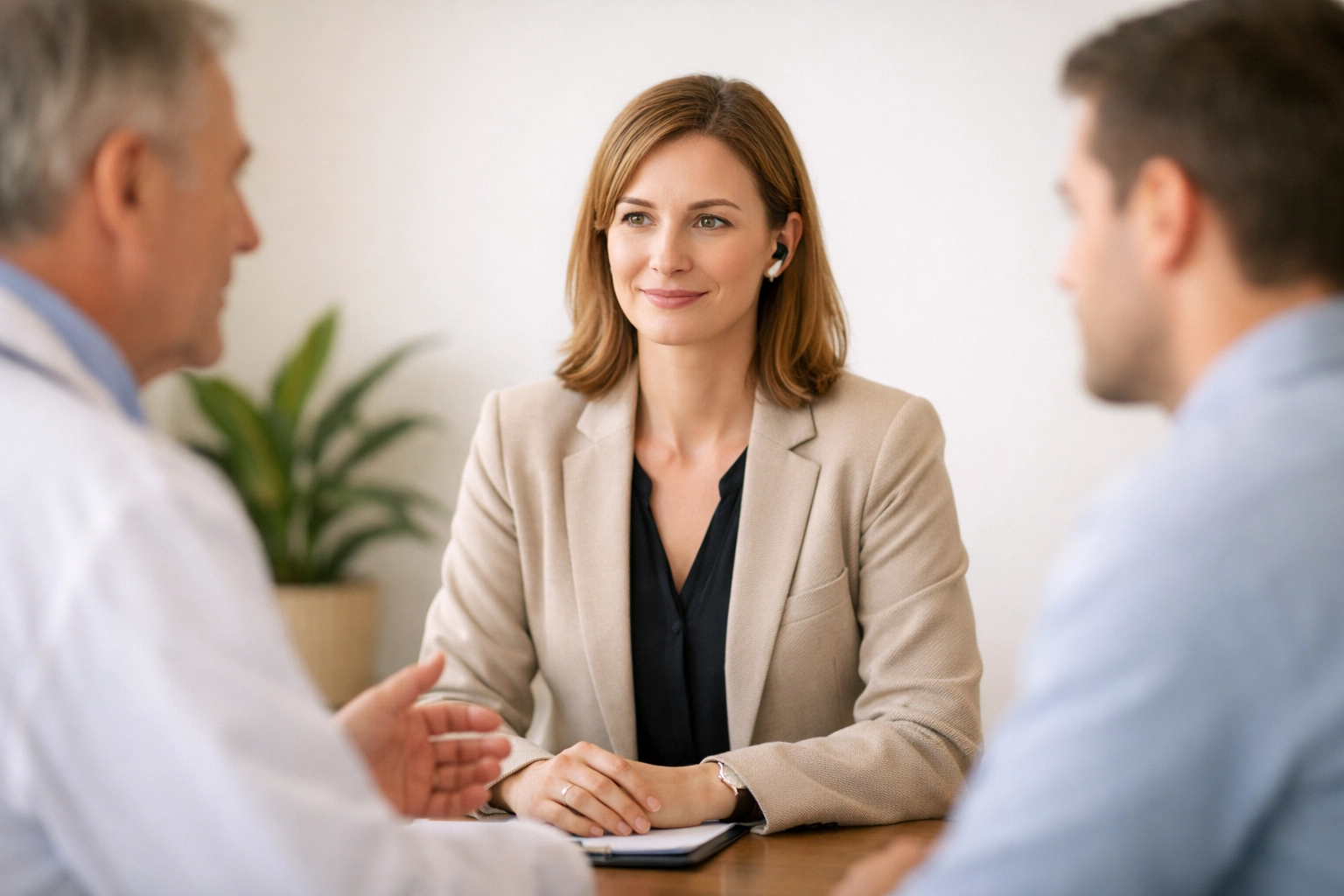 Professional workers' comp interpreter in California facilitating a consultation between an injured worker and a medical professional at a clinic table