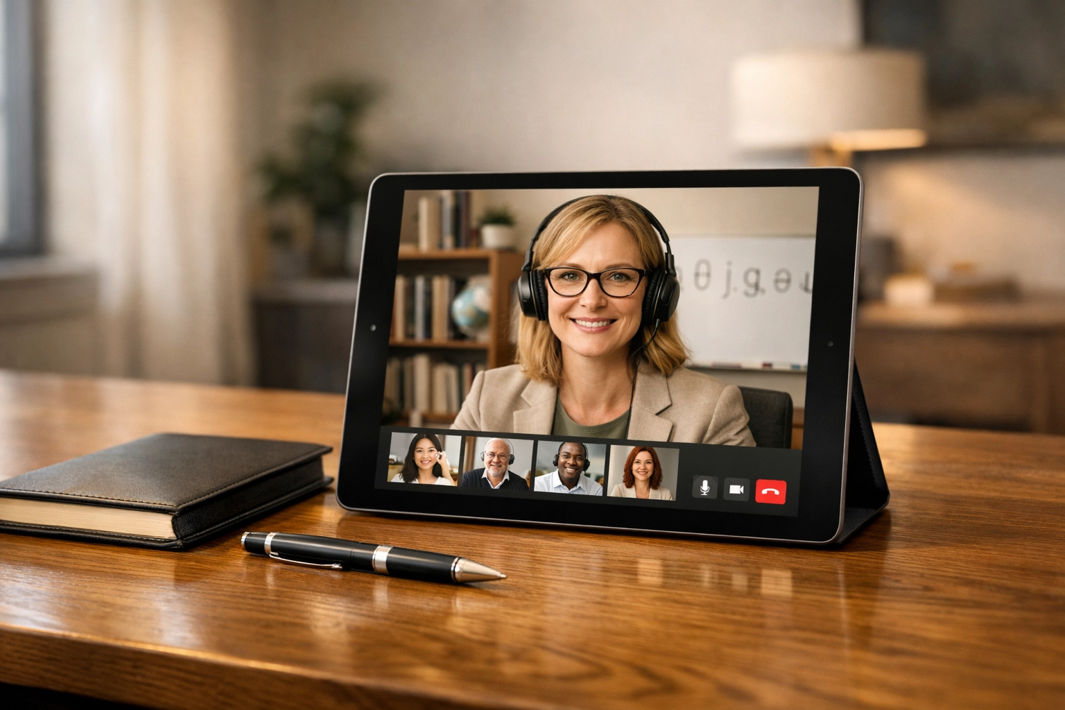 Workers' comp interpreter in California conducting a remote video interpretation session on a tablet with a multilingual team of participants