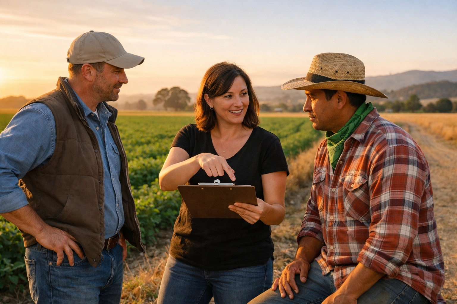 Workers' comp interpreter in California reviewing injury claim documents with a farmworker and employer in an agricultural field at sunset