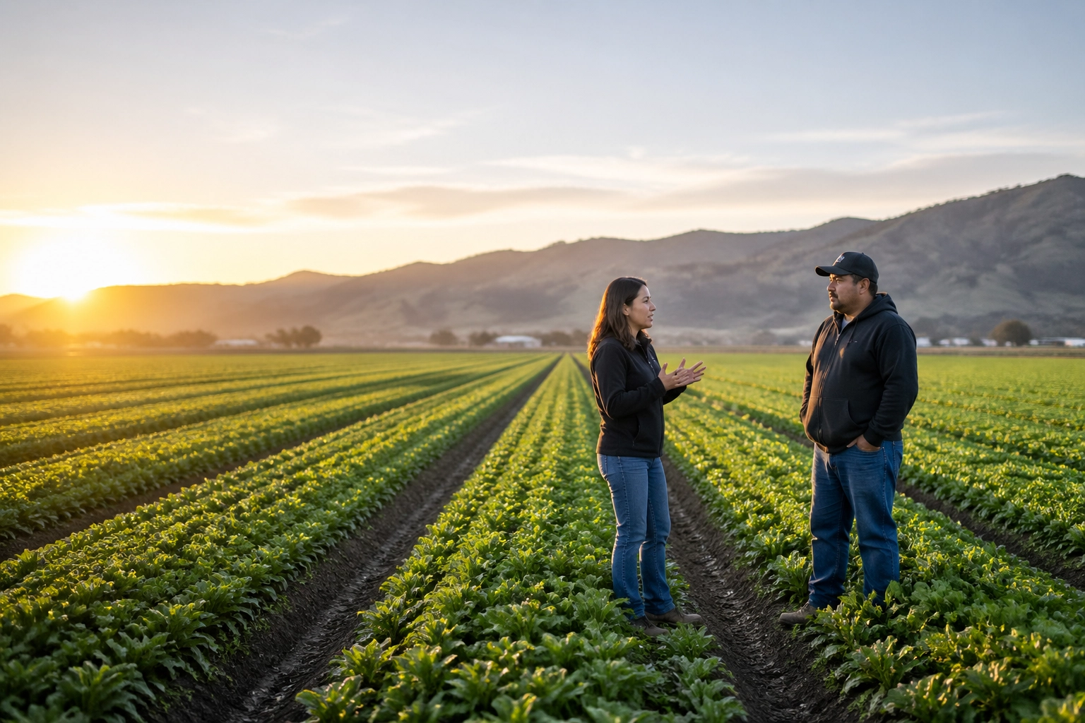 Expert agricultural interpreting in a California field during an early morning site consultation.