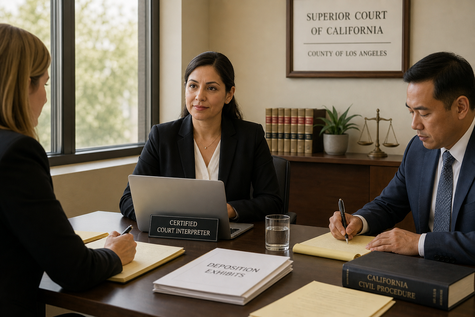 Certified court interpreter at deposition table with legal documents, California