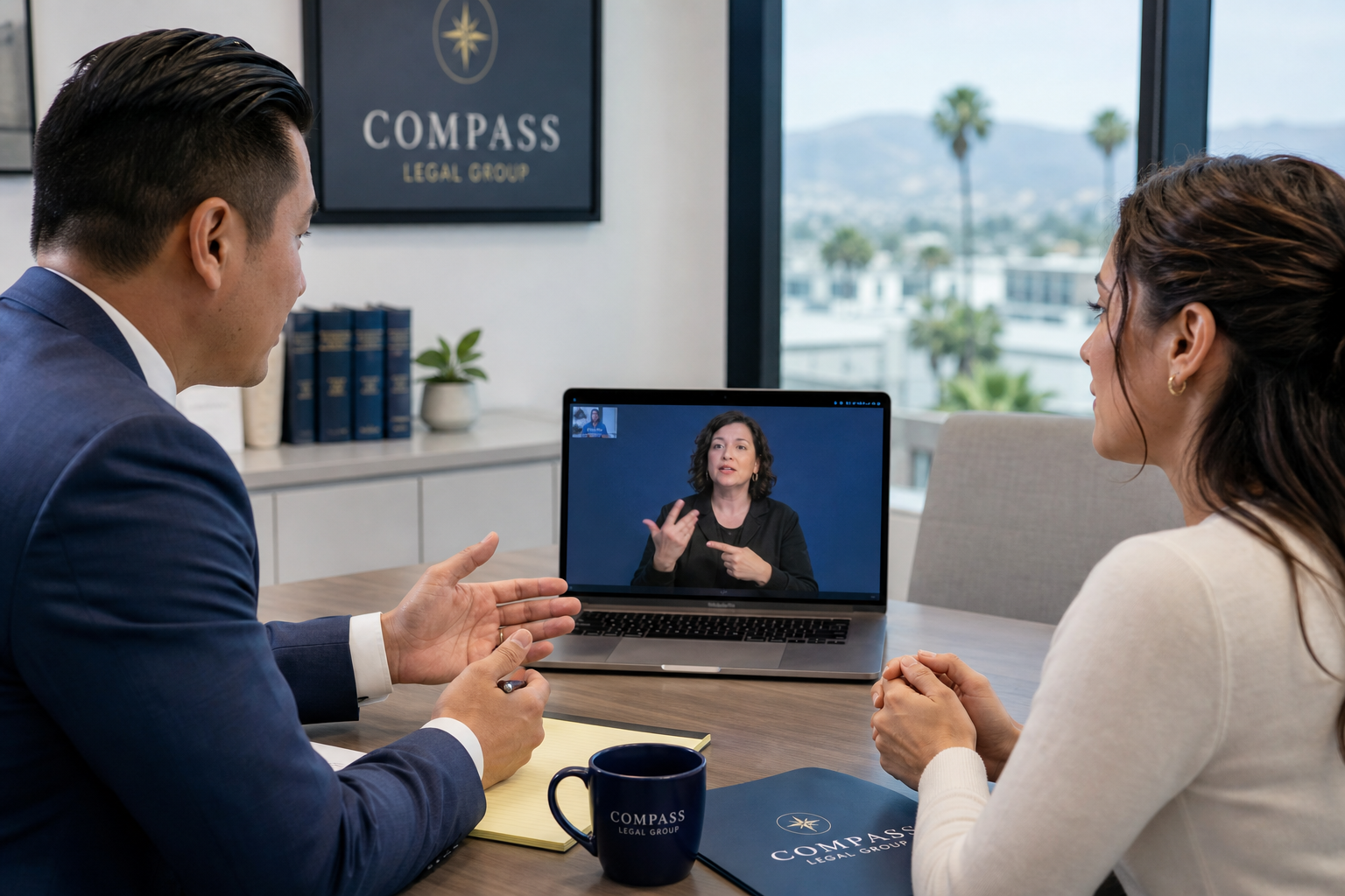 Video remote interpreting session for legal consultation, California office