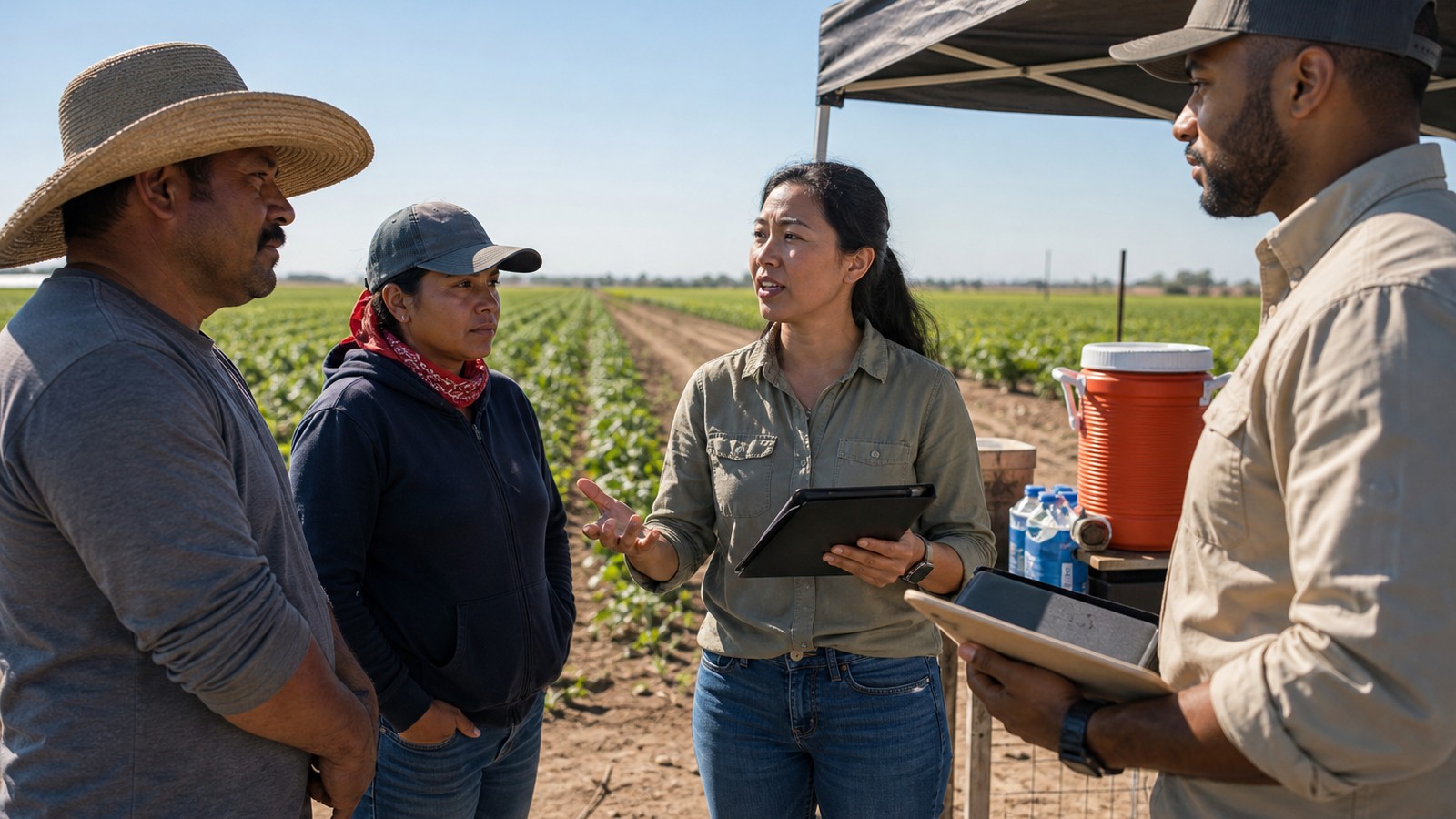 California agricultural interpreter helping a multilingual team review field safety procedures