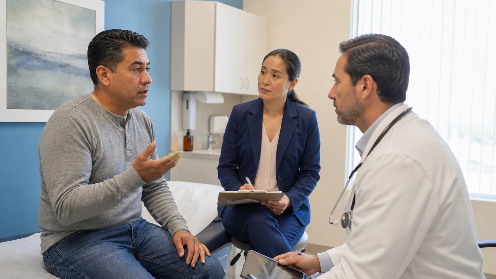 Certified interpreter assisting during a workers' comp medical evaluation for a California agricultural worker