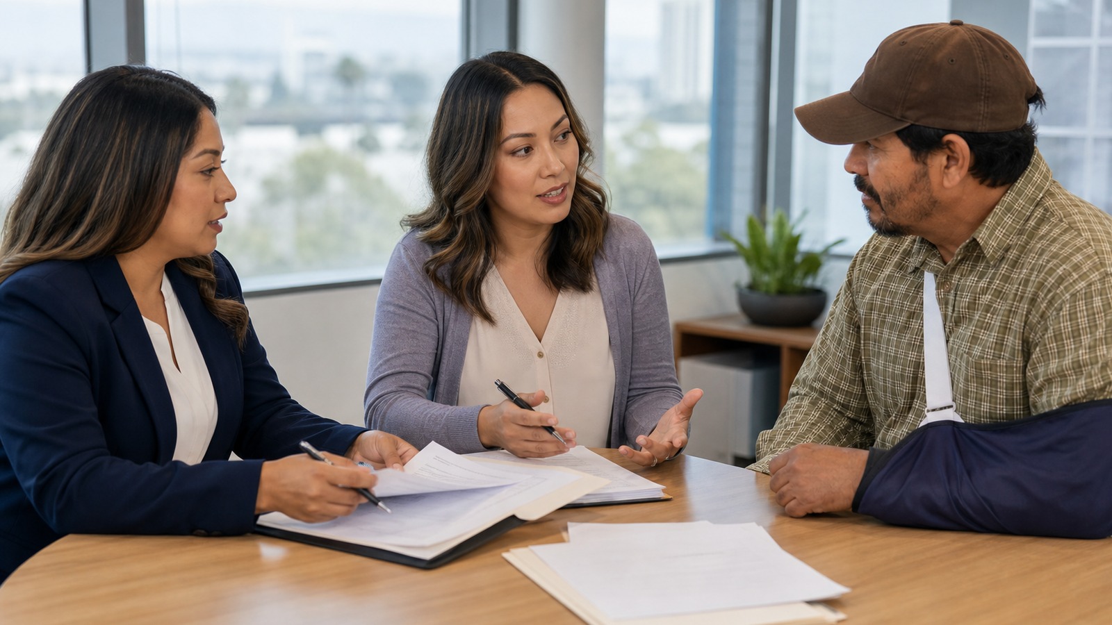Interpreter and claims adjuster reviewing a workers' comp case for a Salinas, California farmworker