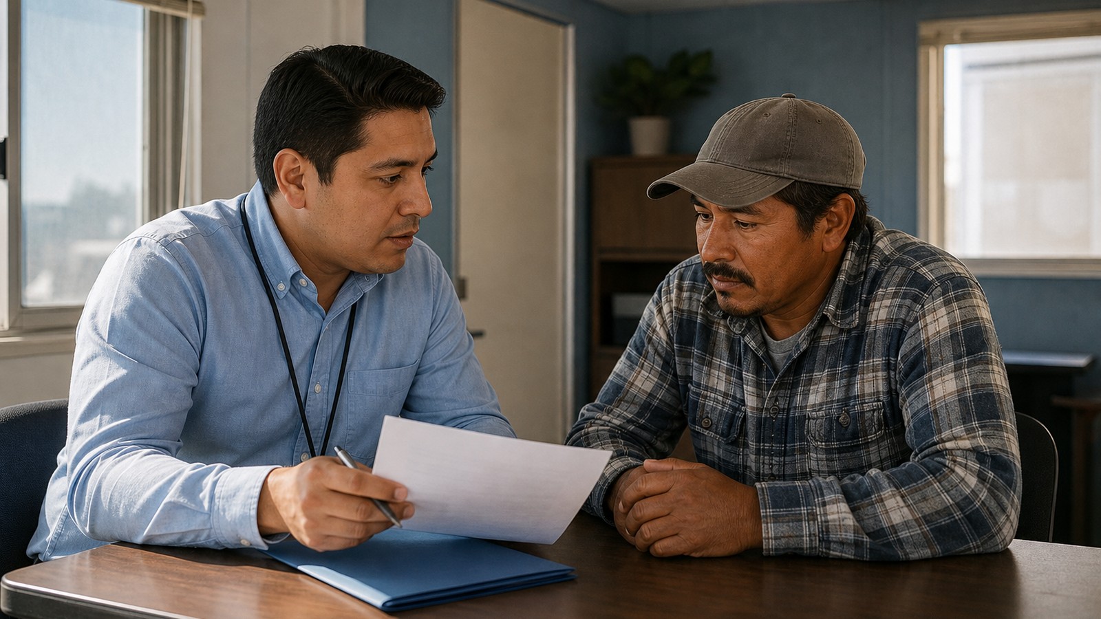 An interpreter reviews workers’ compensation paperwork with a farmworker in a California office.