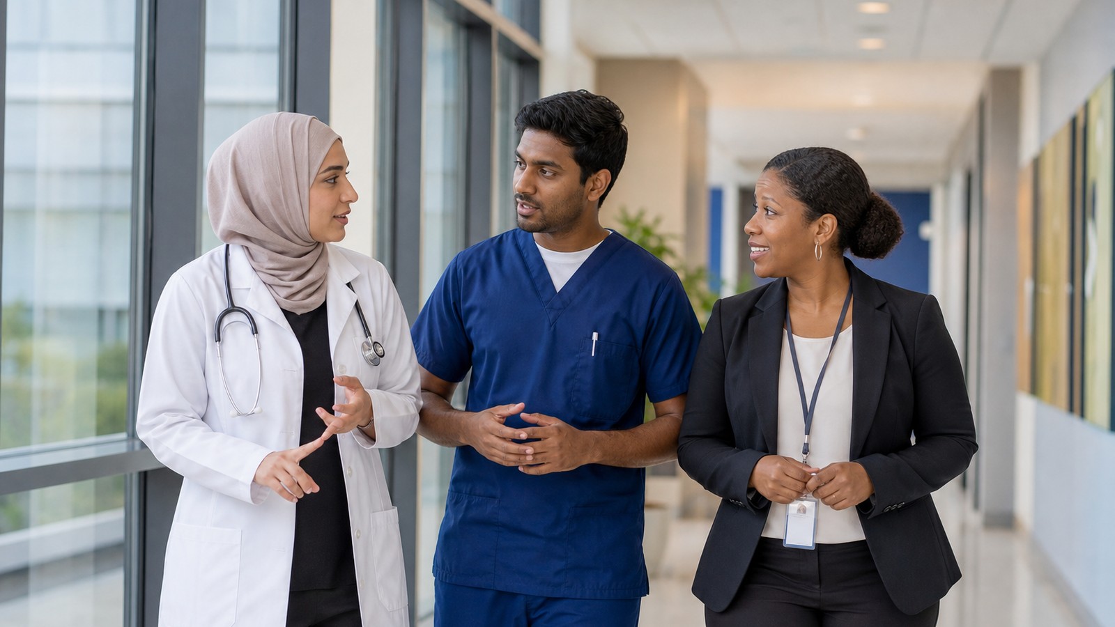 Multicultural care team and medical interpreter consulting in a San Diego, California hospital