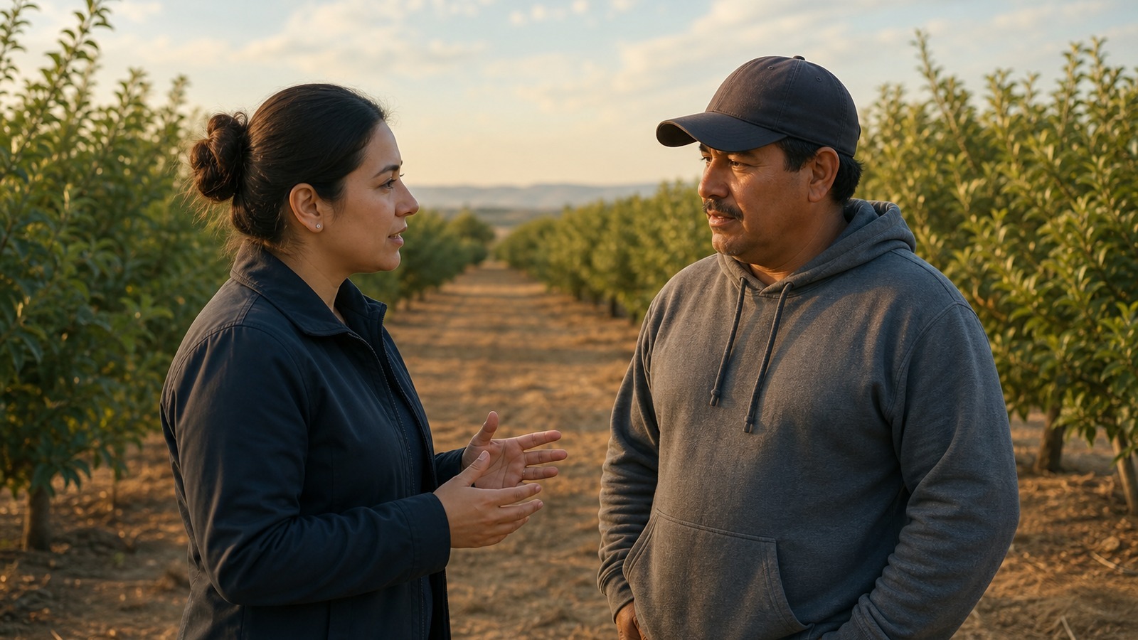 Agricultural worker and interpreter in a Kern County, California farm setting